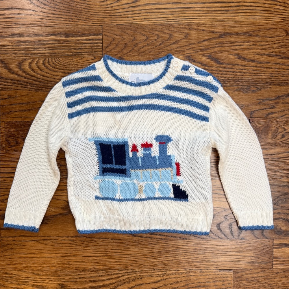 Barrel Toddle Boys Cream and Cornflower Blue Train Sweater Size 12-24 Months